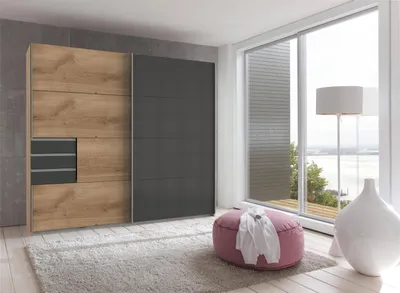 Produktbild von Schwebetürenschrank Kleiderschrank Schrank Schlafzimmer Möbel "Susanetta I" Plankeneiche/Graphit
