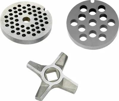 Zdjęcie produktu dla Zestaw tarcz perforowanych do maszynki do mielenia mięsa Bosch 5 rozmiarów / 4-8 mm i 1 ostrze do maszynki do mielenia mięsa