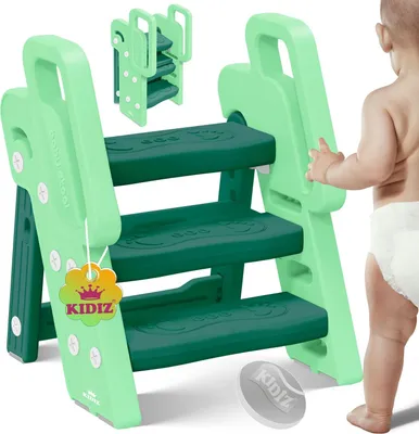 Produktbild von KIDIZ® Tritthocker für Kinder Trittleiter Klappbar mit 3 Stufen | Faltbarer Lern-Turm ab 18 Monaten bis 6 Jahren | Robust | Sicherer & Stabiler Trittschemel | Höhenverstellbar Rutschfest