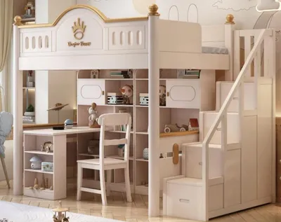 Productafbeelding van Wit houten hoogslaper met bureau, etageslaapkamer, stapelbed, kinderbed