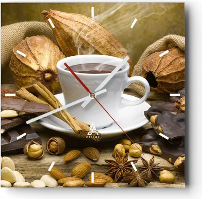 Produktbild von Wanduhr - Quadrat - Glasuhr - Tasse Schokolade trinken Kakao - 30x30cm - Schleichendes Uhrwerk - Lautlos - zum Aufhängen bereit - Dekoration Modern - Wanddekoration aus Glas - C3AC30x30-2480