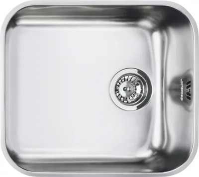 A top-down view of a stainless steel sink with a drain.