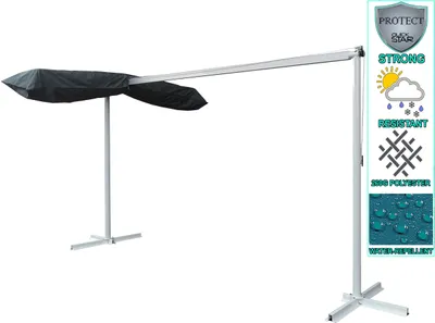 A protective cover for a cantilever umbrella is shown on a white background, with marketing text and icons on the right side.