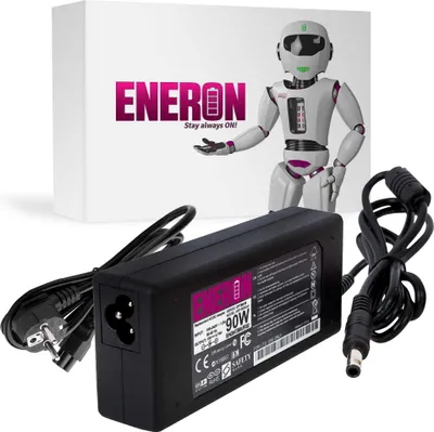 A laptop power adapter and its packaging are displayed against a white background.