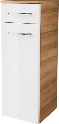 Zdjęcie produktu dla FACKELMANN Midi szafka MILANO / Szafka łazienkowa z cichym domykiem / Wymiary (szer. x wys. x gł.): ok. 30,5 x 83 x 32 cm / Szafka z 1 drzwiami i 1 szufladą / Zawiasy drzwi do wyboru / Korpus: jasnobrązowy / Front: biały