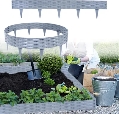 A collage showing garden edging in straight and curved forms, with a person planting in a garden bed.