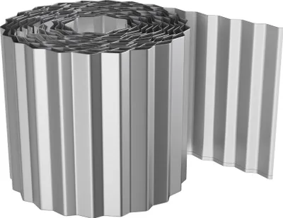 A roll of corrugated metal garden edging is shown against a white background.