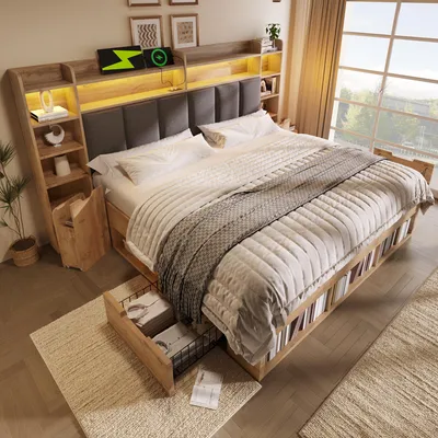 Produktbild von Flieks Holzbett Doppelbett 180x200cm mit Schubladen und integrierten Nachttischen, Jugendbett Stauraumbett mit Led und Ladefunktion, Oak
