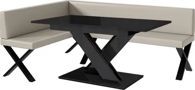 Produktbild von MEBLINI Eckbank für Esszimmer mit ausziehbarem Tisch  - Küchenbank - Essecke - Sitzecke Küche - TONI - X-Beine 142x196x87cm Links - Beige Kunstleder/B Schwarz Hochgl.