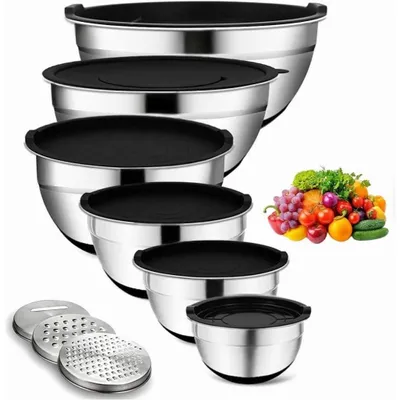 Immagine prodotto di Set di ciotole per miscelare - Acciaio inox - 6 pezzi - Con coperchi e grattugia - Argento - Da 0,6 a 4,7 l