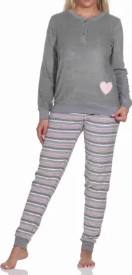 Produktbild von Wunderschöner Damen Frottee Schlafanzug mit Bündchen und Herz-Motiv - auch in Übergrössen ; grau , 48