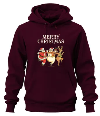 Produktbild von MERRY CHRISTMAS Weihnachtsmann Schneemann Rentier tanzend Hoodie Kapuzenpullover, Burgundy, 3XL