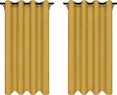 Two yellow curtains hanging on a curtain rod against a white background.