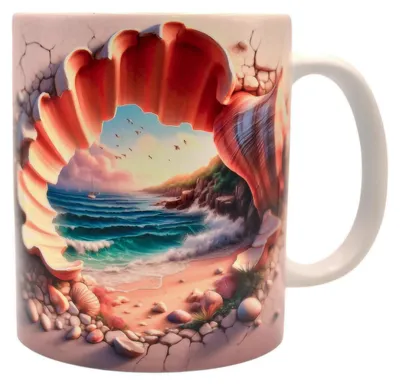 Keramikbecher mit Strandmotiv, 3D-Effekt, 325 ml, spülmaschinengeeignet