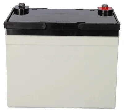 A white battery with black and red terminals on top, isolated on a white background.