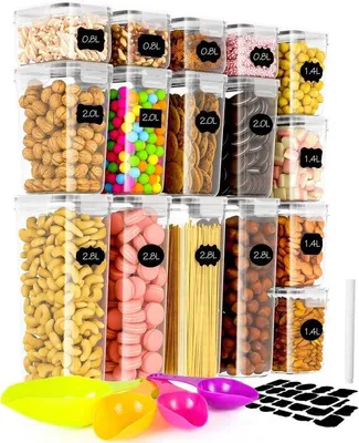 Imagen del producto de Conjunto de 16 recipientes herméticos Unyqoos® – transparentes con tapas de colores, etiquetas y cucharas, apilables, de plástico