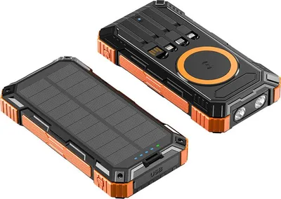 Two solar power banks are shown against a white background. One is face up showing the solar panel, and the other is face down showing the charging ports and lights.