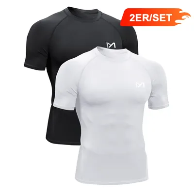 Produktbild von 2Er Herren Sportshirts Lang Kurzarm Kompressions T Shirts Muskelleistung Lauftraining Kurzarm WeiB+Schwarz L
