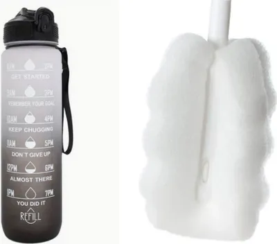 Produktbild von Sport Trinkflasche 1 Liter mit Motivations-Skala und integriertem Strohhalm – Trinken während deiner Aktivität (Schwarz/Weiß + Reinigungsbürste)