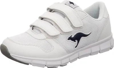 A single white KangaROOS sneaker with navy blue kangaroo logo and gray toe cap, shown from a diagonal side view against a white background.