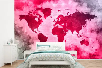 Produktbild von MuchoWow® Fototapete für Wohnzimmer oder Schlafzimmer Wandtapete Vinyl Motivtapete Weltkarte - Rot - Schwarz - 450x300 cm - Gemusterte