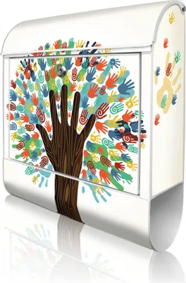 Produktbild von banjado Design Briefkasten Stahl weiß mit Zeitungsfach pulverbeschichtet "We are the World" 38x46x12,5cm & 2 Schlüssel - Postkasten A4 Einwurf inkl. Montagematerial [BK 10631]