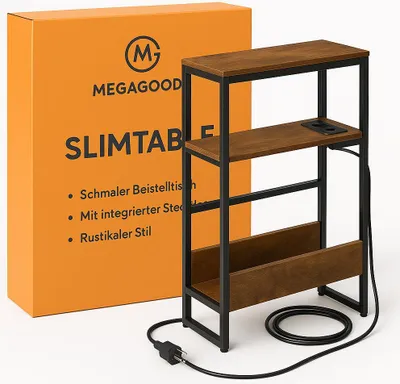 Produktbild von Beistelltisch schmal mit Ladefunktion 3 Ablagen Magazinhalter DE.