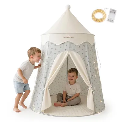 Immagine prodotto di Tenda per bambini Mamabrum a forma di castello, con una ghirlanda di luci LED da 4 metri e un tappetino imbottito, motivo a foglie nei colori verde chiaro e vaniglia, diametro 113 x 155 cm, adatta a bambini dai 3 anni in su