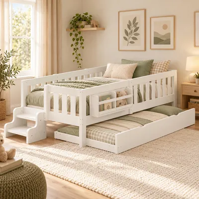 Produktbild von Merax Kinderbett 90x200cm mit Ausziehbett 90x190 cm, Holzbett mit Rausfallschutz, Bücherregal, Einstiegstreppe und Lattenrost, Daybett Tagesbett, Weiß