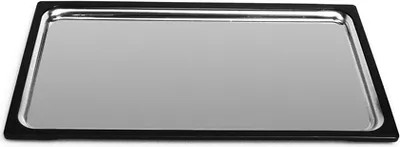 A silver tray with a black border on a white background.