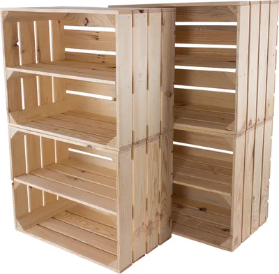 Two stacks of wooden crates are shown side-by-side against a white background.