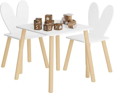 Image de Table pour enfants avec 2 chaises et oreilles de lapin | Blanche | 49,5 x 49,5 x 47 cm