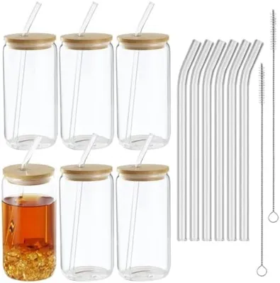 Productafbeelding van PromoHome® Set van 6 drinkbekers met deksel en rietjes - 500 ml bekers in metaalstijl voor koude dranken