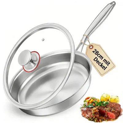 Braadpan 28 cm, Edelstahl, unbeschichtet, mit Deckel, induktionsgeeignet