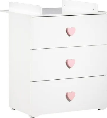 Produktbild von Wickelkommode, Babyprice Basic, 3 Schubladen, Weißes Holz, Herzförmige Knöpfe, Abnehmbarer Wickelaufsatz, 60 x 120 cm Liegefläche