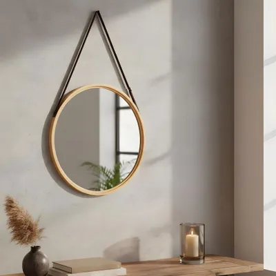 Produktbild von Wandspiegel 38cm Rund Bambus Holz Kunstleder Flurspiegel Wanddeko Deko Spiegel Badspiegel