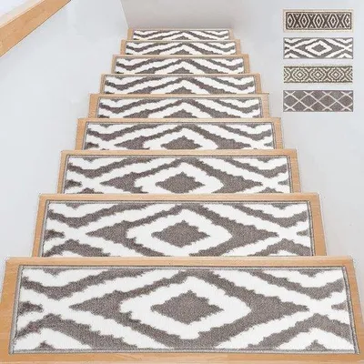 Produktbild von Famanu Treppenmatten Geo Grau-Weiß - Set von 15 rutschfesten Treppenmatten 71 x 21 cm