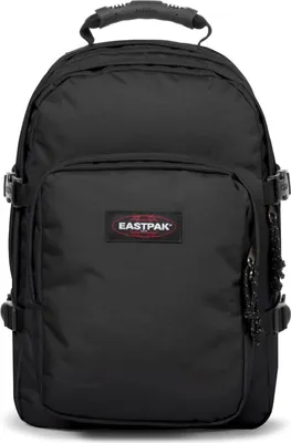A black Eastpak backpack is shown from the front against a white background.
