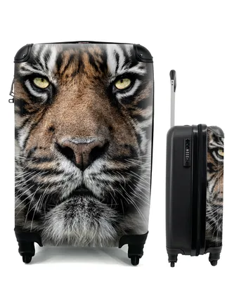 Produktbild von MuchoWow® Koffer Handgepäck Trolley Rollkoffer Kleine Reisekoffer mit 4 Rollen - Porträt-Tiger auf schwarzem Hintergrund - Cabin Size < 55x40x23 cm & 55x40x20 cm - Fotokoffer - Kabinenkoffer - Boardgepäck - Reise-Box - Reisekoffer - Reisegepäck - Koffer mit Bild - Trolley für Kinder