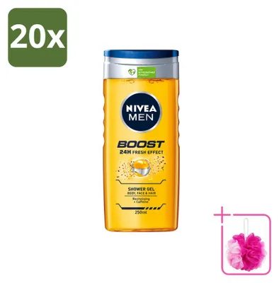 Zdjęcie produktu dla 20 sztuk żelu pod prysznic NIVEA MEN Boost - 250 ml - zestaw ekonomiczny