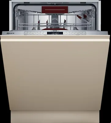 A front view of an open dishwasher with its interior visible.
