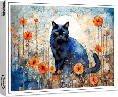 Produktbild von raxxa Premium-Puzzle "Watercolor Black Cat in Poppy Field", 1000 Teile