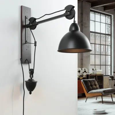 Produktbild von Wandleuchte mit Schalter Schwarz Natur E14 Metall Holz Industrial Design Wandlampe