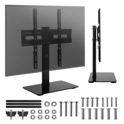 A TV stand with a TV mounted on it, shown from the front and side, with all the included hardware laid out below.