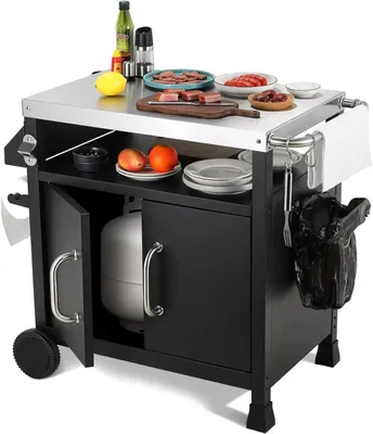 Produktbild von Outdoor Grilltisch - Grillwagen / Bartisch - Edelstahl Arbeitsplatte - Stauraumschrank - 3 Schubladen - Outdoor-Kücheninsel - Metallgestell - Schwarz