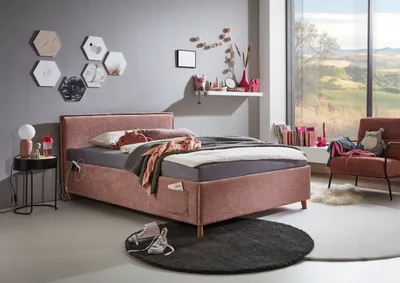 Produktbild von Meise Möbel Kinderbett FUN 120x200 cm | Bettgestell | Kopfteil glatt | Webstoff Rose | Holzfuß eichefarbig