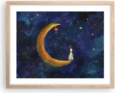 Produktbild von Gerahmtes Poster - Rahmen in heller Eiche - Mädchen auf der Mond - 50x40 cm - Wand Bild - Wanddeko - Wandbilder - Kunstposter - Wandposter - Bilderrahmen - Bilder - Kunstdruck - P2NAA50x40-4575