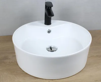 Produktbild von Keramik Waschbecken rund Ø460x155 weiß mit Überlauf Aufsatzwaschbecken mit Pop-Up Ablauf chrom