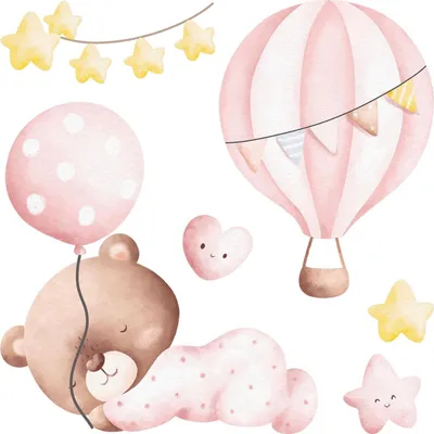 Produktbild von Wandaufkleber Kinderzimmer – Wandsticker für Baby & Kinder – Selbstklebende Wanddekoration – Abnehmbar ohne Rückstände – Deko für Mädchen & Jungen - Aquarell-Teddybären mit Luftballons und Sternen in Pastellfarben80x74 cm