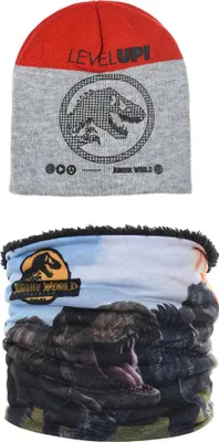 Produktbild von Jurassic World Dinosaurier Dino Kinder Herbst Wintermütze mit Loop Snood – Grau / 52